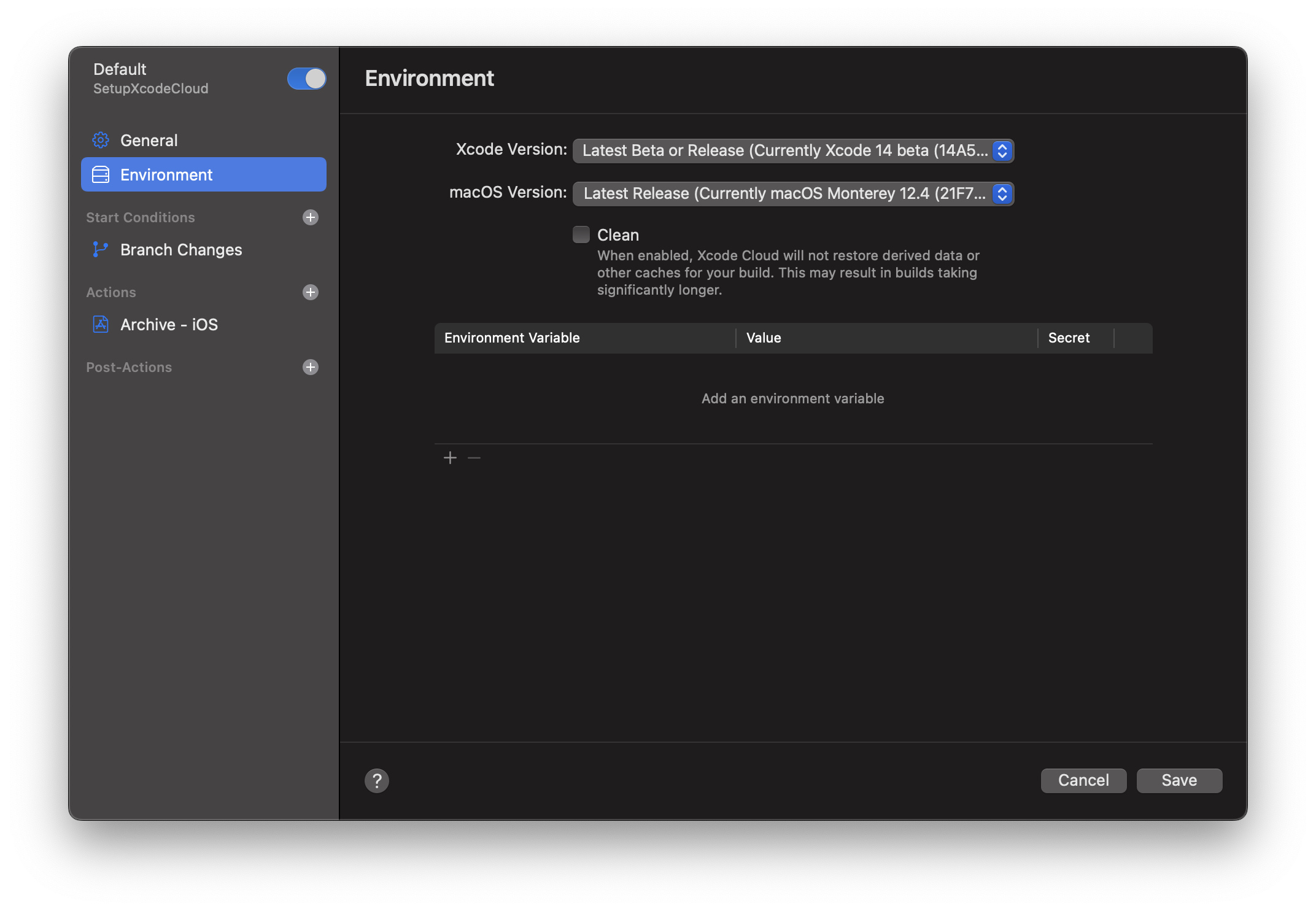 Edit workflow - Environment